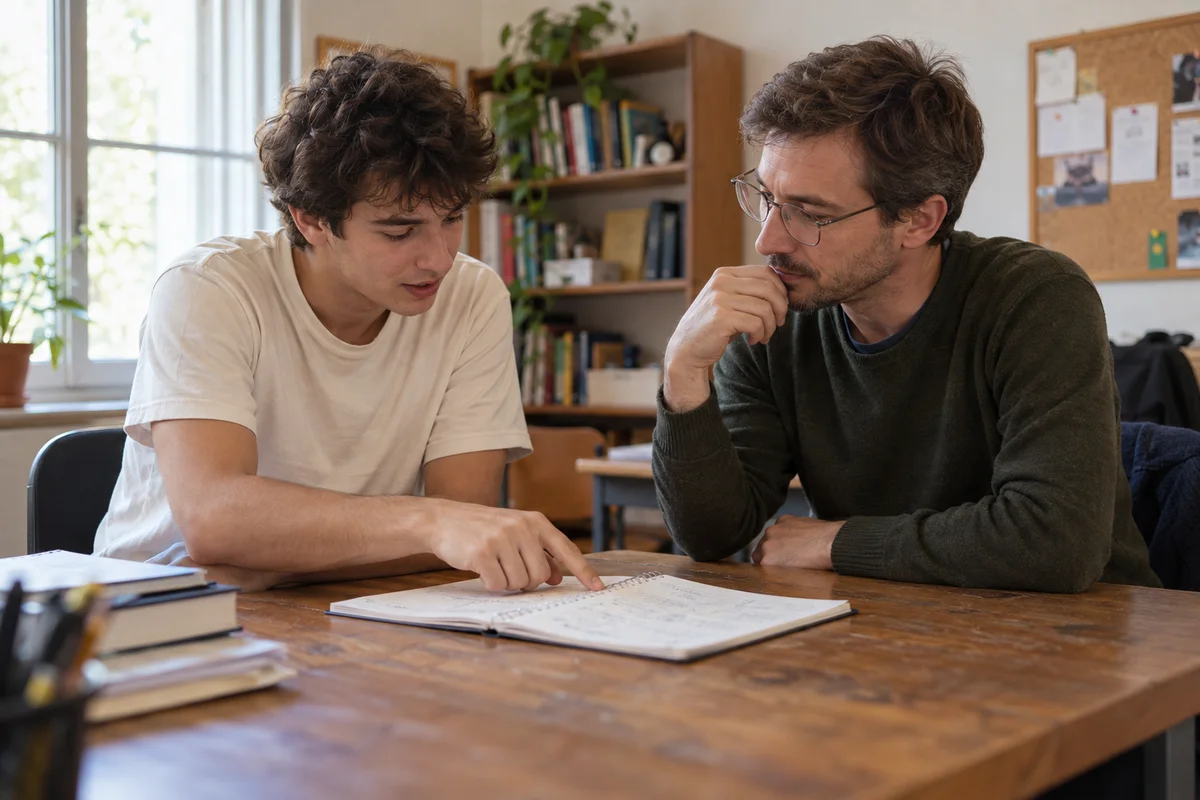 Escena generada con IA: un orientador y un joven adulto ficticios trabajan con un cuaderno.