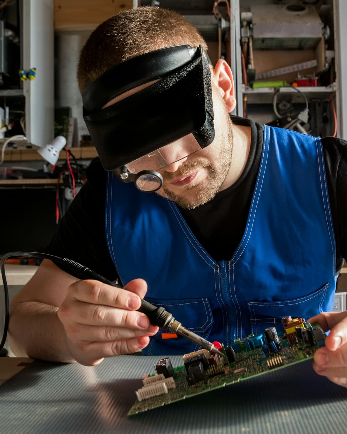 Persona con visor de protección usando un soldador sobre una placa electrónica en una mesa de trabajo.