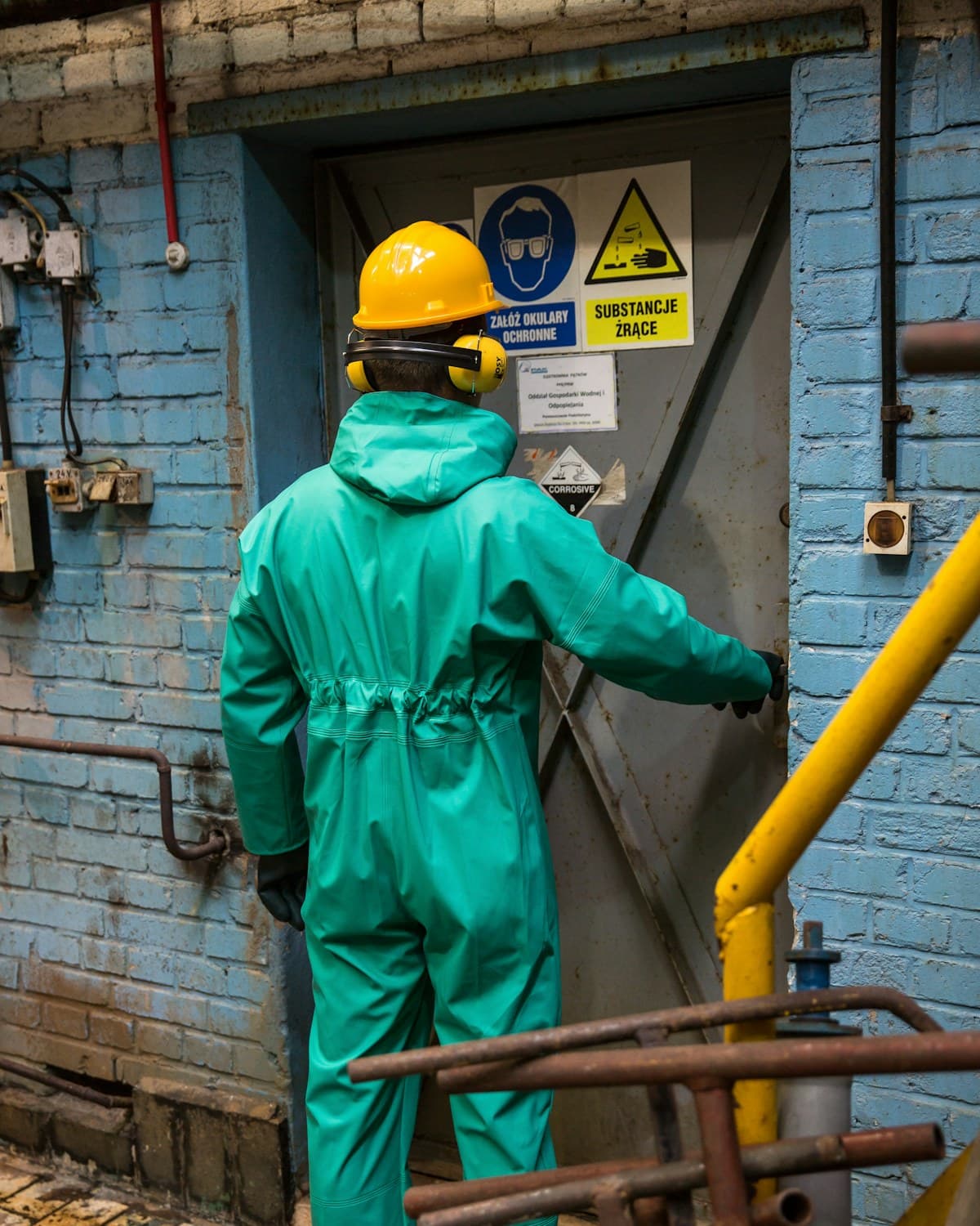 Persona con casco amarillo y traje de protección verde abriendo una puerta metálica junto a señales de peligro en una instalación industrial.