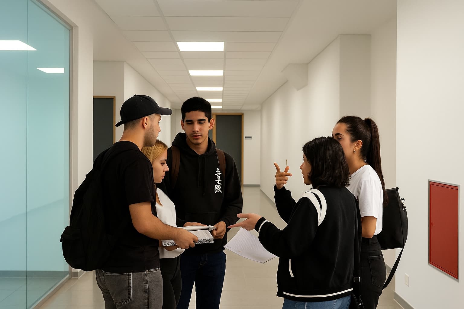 Grupo de estudiantes conversando en un pasillo interior con apuntes y mochilas.