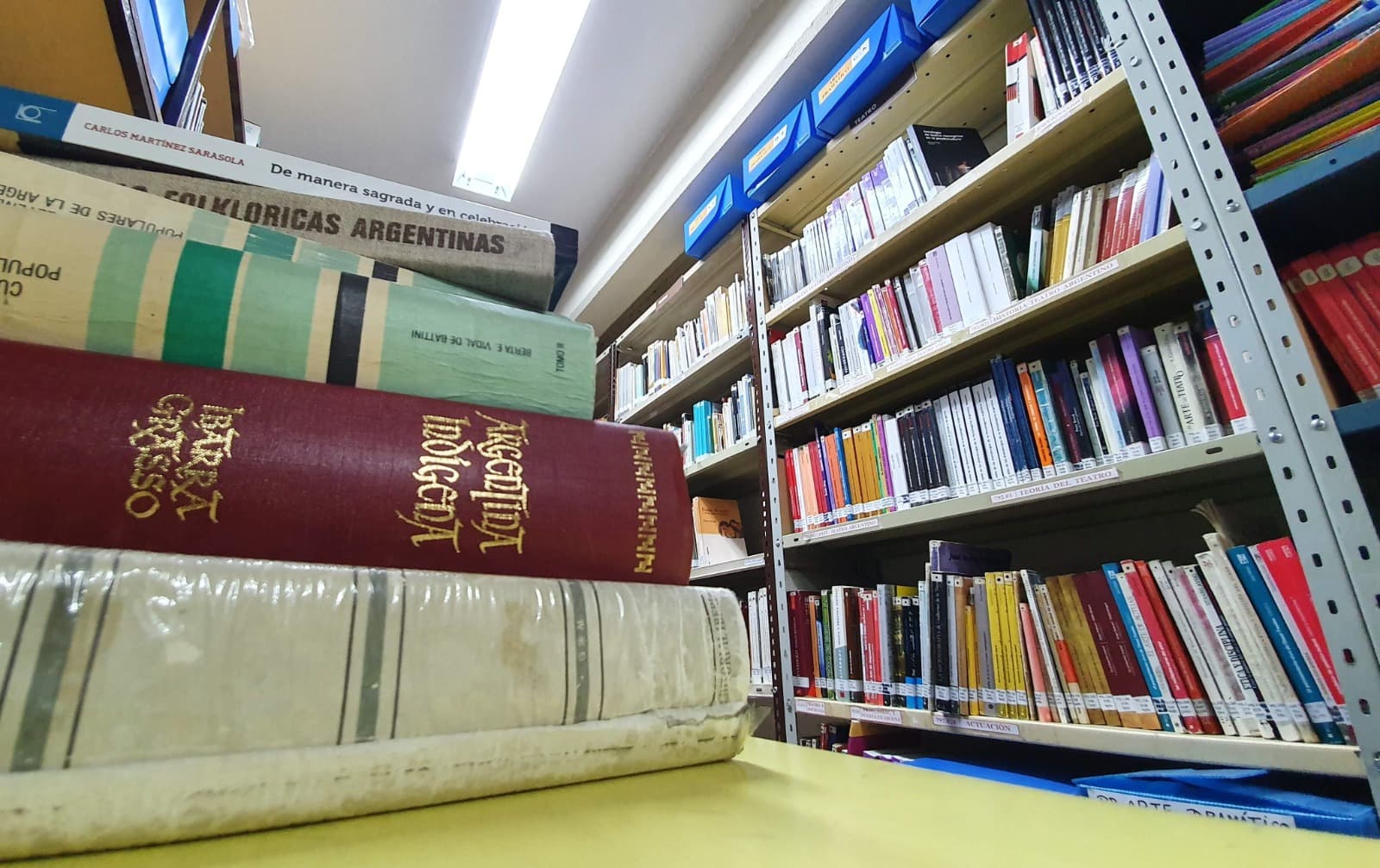 Estanterías con libros y ejemplares apilados sobre una mesa en la biblioteca