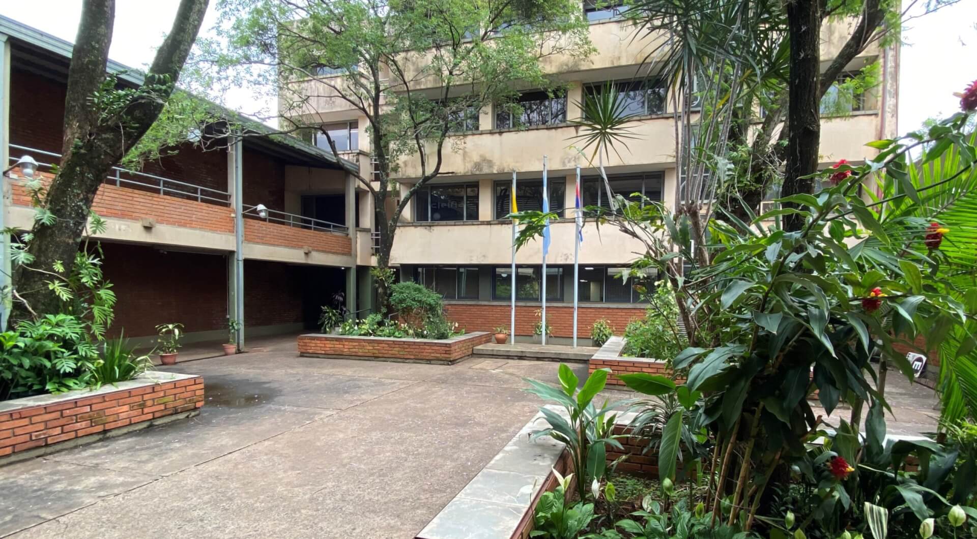 Patio interior con vegetación y edificio de la Universidad Católica de Santa Fe