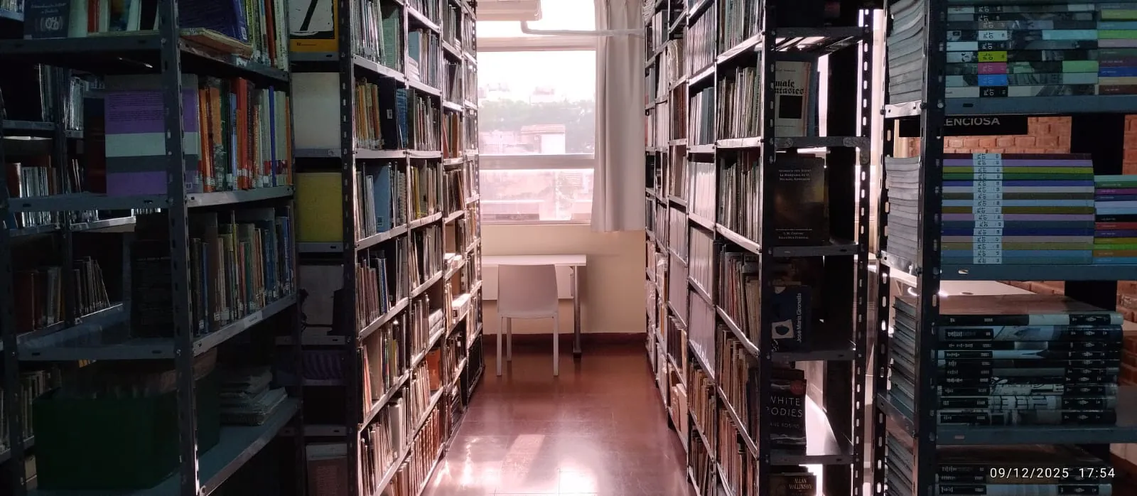 Pasillo de biblioteca con estanterías cargadas de libros a ambos lados.