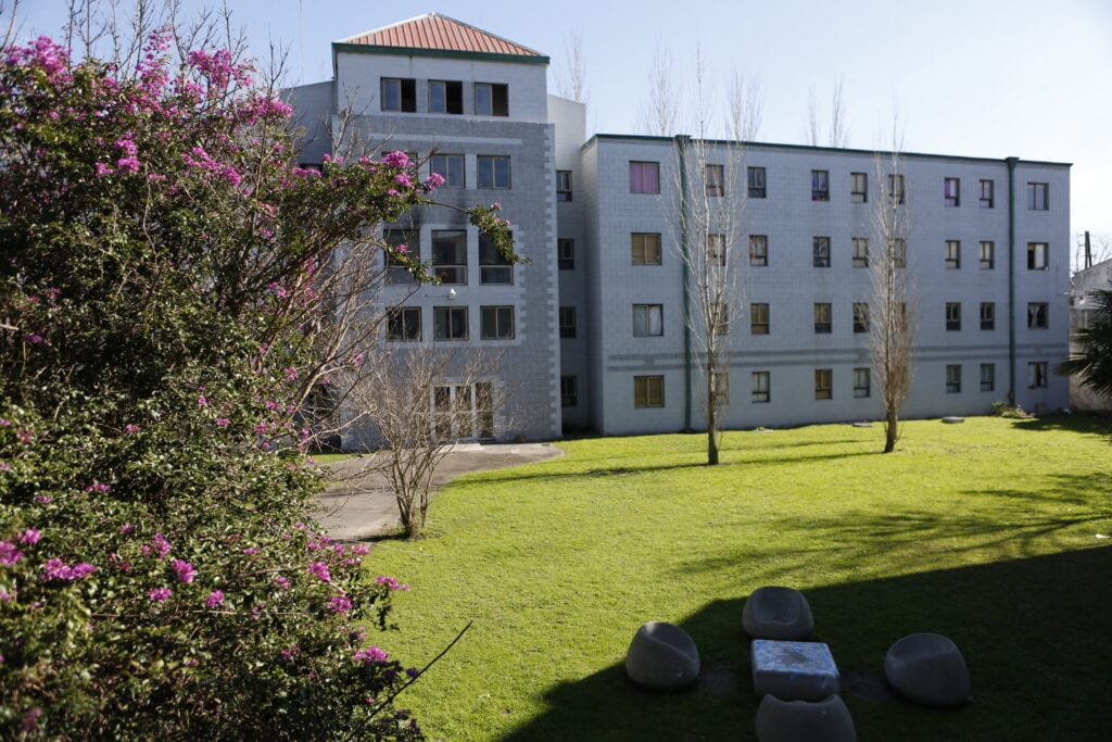Edificio universitario de varios pisos junto a un jardín con árboles y arbustos.