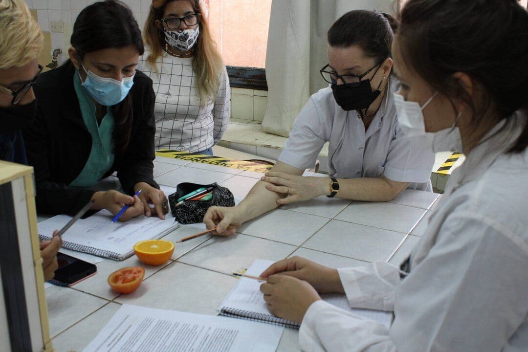 Grupo de estudiantes con guardapolvos realiza una práctica alrededor de una mesa de laboratorio.