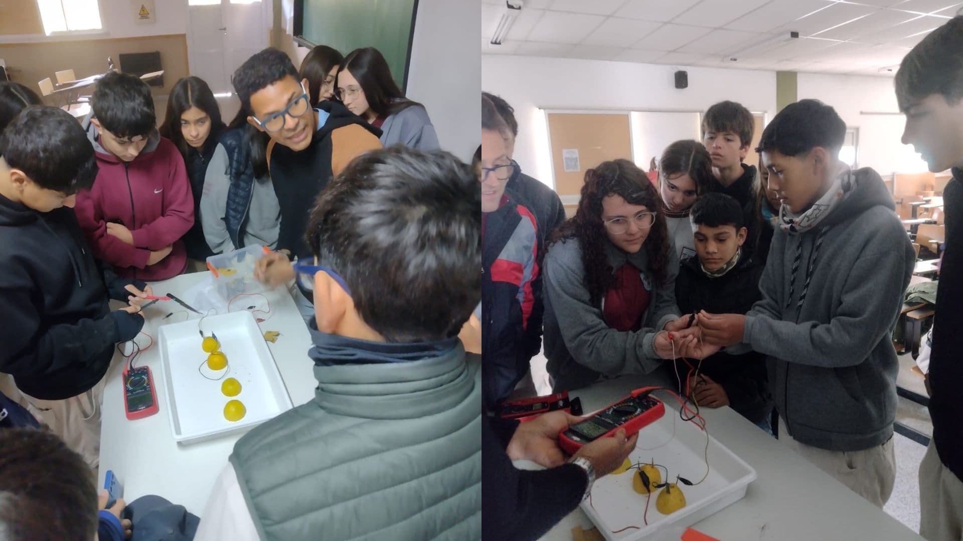 Grupo de estudiantes realiza una práctica con instrumentos sobre una mesa de laboratorio.