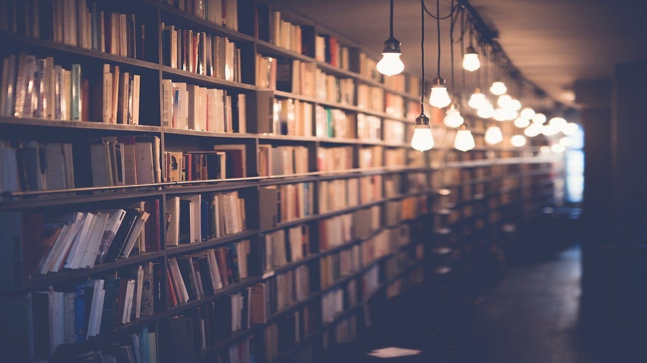 Estanterías con libros y luminarias en una biblioteca de la Universidad Nacional de Río Negro