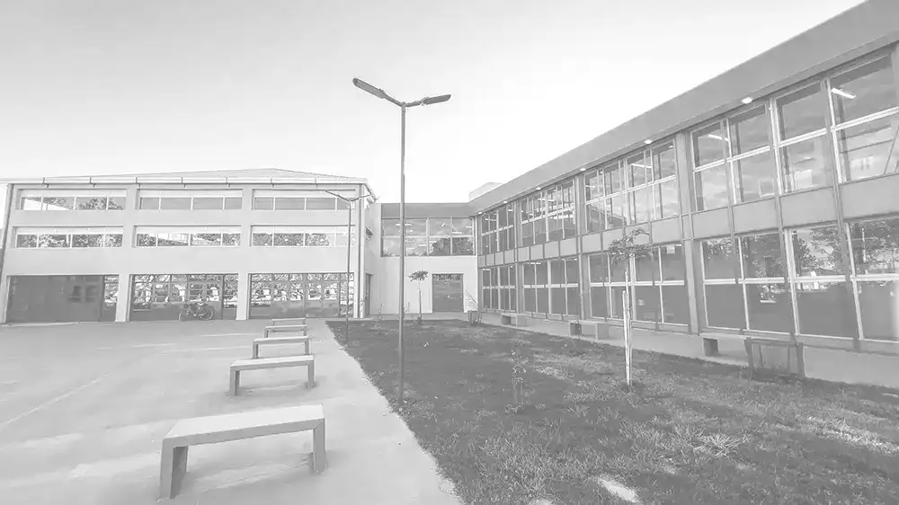 Patio entre dos edificios de la universidad, con bancos, césped y pasillos exteriores.